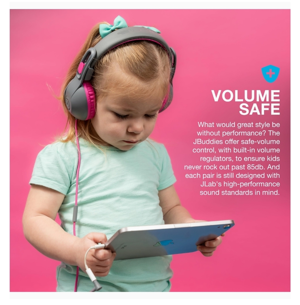 JLab JBuddies Studio 2 On-Ear Kids Wired Headphones, Grey/Pink, Kid Safe, - Picture 6 of 7